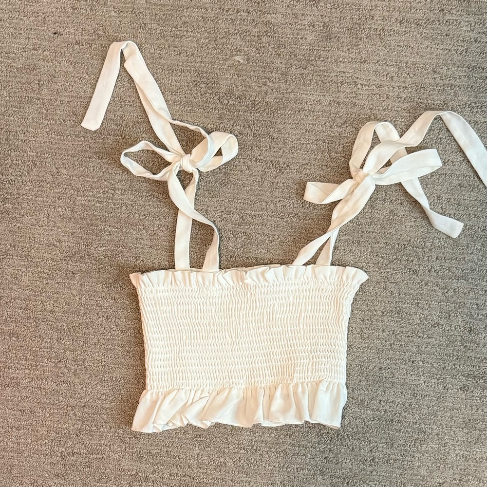 SHEIN Cream Smocked Crop Top with Tie Straps